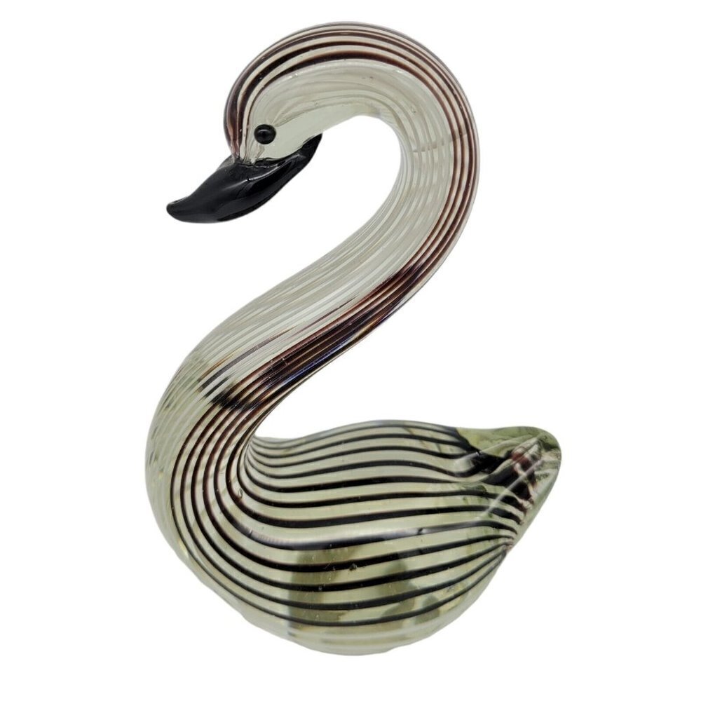 Hand Blown Art Glass Swan Black White Striped On Clear Smooth Pontil Collectable - Picture 4 of 8